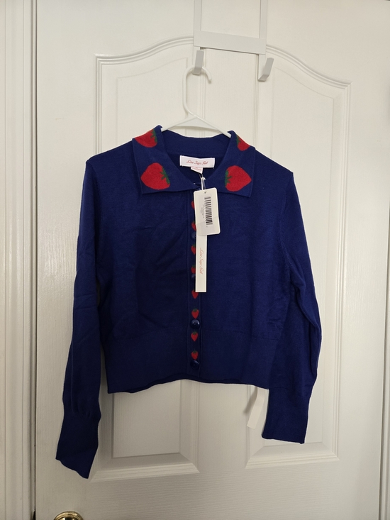 Lisa Says Gah Sweaters - Lisa Says Gah Royal Blue Cardigan with Red Strawberry Accents